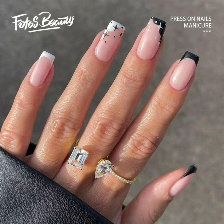 Backdate 1 Fofosbeauty  Pcs Short False Nails, Press On Nails Designs , Square  B&W French Little Star