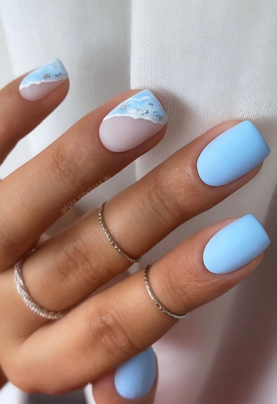 Backdate 2  Summer Aesthetic Nails Designs  : Baby Blue Abstract Nail Art