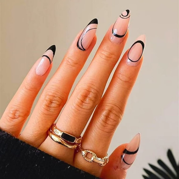 Niche Utama 1 Nails Medium Length Black Abstract Line Fake Nails With Nail Glue Glossy  Acrylic False Nails Artificial Fake Nails With Design DIY Manicure Tips For